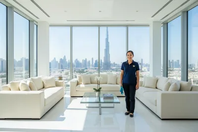 Sparkling clean villa living room with Burj Khalifa view and Sea Palmz cleaner