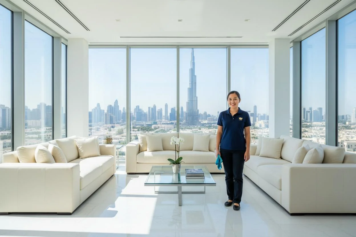 Sparkling clean villa living room with Burj Khalifa view and Sea Palmz cleaner