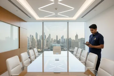 Pristine office conference room deep cleaned by Sea Palmz