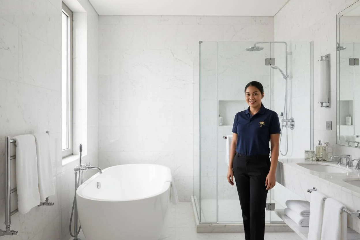 Luxury master bathroom sparkling clean after Sea Palmz service